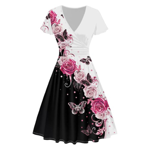 Tenues Assorties pour Couples en Gros - Chemise Homme à Boutons Imprimée Fleurs et Papillons Sur Mesure et Robe Femme Élégante Col V Coupe Trapèze - Product Image 4