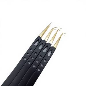 Ensemble de pinces à cils Morje en acier inoxydable plaqué or, 4 pièces, manche noir, pointe lisse, kit d'outils de précision pour cils avec boîte - Product Image 4