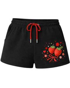 Shorts en molleton de coton noir pour femme, personnalisés par le fabricant, avec cordon de serrage rouge, imprimé fraises, décontractés, pour l'été, vêtements de détente tendance - Product Image 1