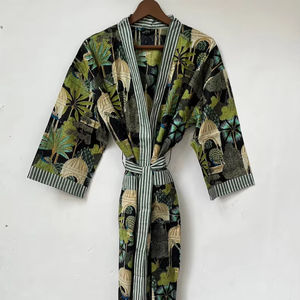 Bata Kimono con Estampado de Dibujos Animados para Mujer, Suave y Transpirable, de Algodón, para Verano, Hecha a Mano, ODM, Cuello en V, Cintura Elástica, Largo Completo - Product Image 1