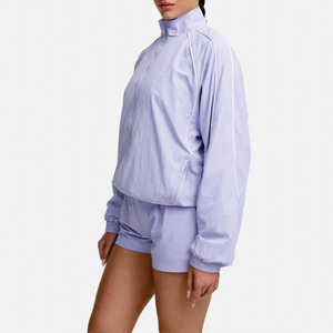 OEM Private Label Men's Front Zip Stripe Nylon Windbreaker Jacket Shorts <b>Set</b> Lightweight <b>Waterproof</b> Oversized Wholesale Hoodies - Product Image 2