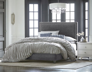 Gray Upholstered <b>Bed</b> <b>Frame</b> <b>Platform</b> <b>Bed</b> Fabric Headboard Footboard Nailhead Trim Bedroom Furniture - Product Image 3