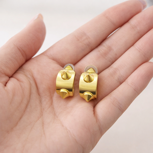 Handcrafted Gold Plated Brass Semi-Lunar Hoop Stud <b>Earrings</b> with Cone Accents Surgical Steel <b>Posts</b> Tarnish-Resistant Coating - Product Image 6