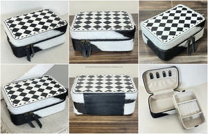 New Hand Tooled Cowhide Leather Jewelry & Cosmetic <b>Storage</b> Case With Checkered Pattern Top Zipper Travel Organizer Wholesale <b>Box</b> - Product Image 3