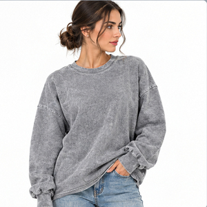 Trend <b>Women</b> Mineral Wash Crewneck Pullover <b>Sweatshirt</b> Wholesale Plain Washed Fleece <b>Long</b> Sleeve Casual Streetwear <b>Sweatshirt</b> - Product Image 2