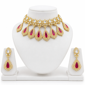 ชุดสร้อยคอทองคำขาว 925 ชุบทอง ประดับด้วย Kundan สีแดง ดีไซน์ Polki สำหรับผู้หญิง เหมาะสำหรับงานแต่งงาน งานเลี้ยง และเป็นของขวัญ - Product Image 1