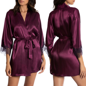 Batas de mujer sexy de poliéster tipo kimono, lencería, batas de satén rojo granate hasta la rodilla, batas de seda lisas 2026 - Product Image 1
