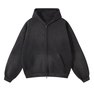 Premium <b>Sun</b> Faded Acid Wash Zipper Hoodie Men Heavyweight Oversized Baggy <b>Drop</b> Shoulder Long Sleeve Streetwear Sweatshirt - Product Image 2