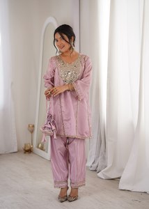 Elegant Mirror Work <b>Kurti</b> Pant Set with Batwa Bag – Designer Festive Ethnic Wear - Product Image 3