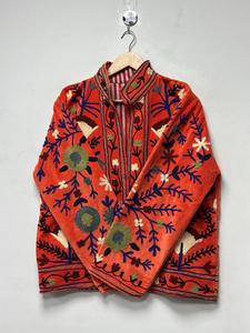 Elegant Red <b>Velvet</b> Suzani Embroidered <b>Jacket</b> with Floral Pattern Full Sleeve Stand Collar Bohemian Women's Winter Outerwear - Product Image 3