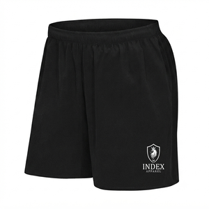 Pantalones Cortos Deportivos de Secado Rápido para Hombre, Marca Index Apparel, Color Negro, Cintura Elástica, Logotipo Bordado en la Parte Delantera, Tejido de Punto de Color Sólido - Product Image 1