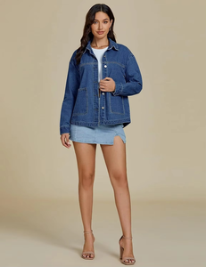 Veste en jean noire élégante pour femme MKB Enterprises, motif 3D, extérieur ciré, poches en jean, fermeture à boutons, style décontracté vintage, 360g - Product Image 4