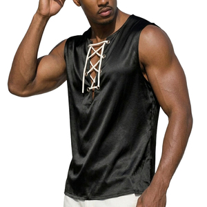 Custom Logo Men's Satin Lace Up V-Neck Tank Tops Silk Finish Sleeveless Summer <b>Vest</b> Wholesale Bulk Supplier Tank Tops For Men - Product Image 4