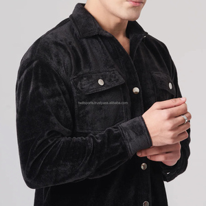 Chándal de terciopelo clásico personalizado OEM 2024 para hombre, terciopelo informal negro con bolsillo frontal, tela pesada - Product Image 4