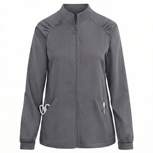 Chaqueta de uniforme médico personalizada OEM para mujer, con cremallera completa, corte ajustado, manga larga, hombros plisados y bolsillos angulares - Product Image 5