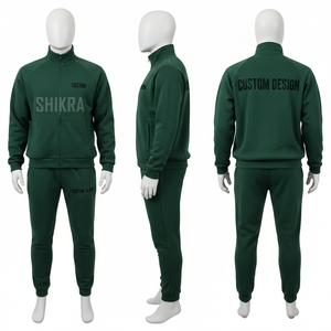 <b>Men</b> Dark <b>Green</b> Full Zip Tracksuit Set Casual Wear 100% Polyester Stand Collar Regular Fit Autumn Letter Design - Product Image 1