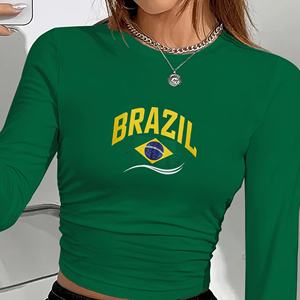 เสื้อเชิ้ตแขนยาวผู้หญิงถักลายธงชาติบราซิลและข้อความ Y2K - Product Image 1