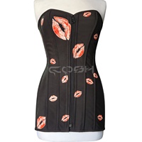 Overbust-Stahlkorsett-Kleid aus schwarzem Neopren mit roten Kuss-Aufklebern für Sommerpartys und Clubwear mit natürlicher Taillenlinie