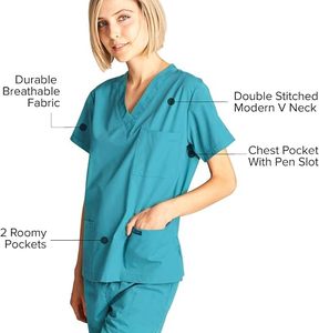 Conjunto de Uniforme Médico para Mujer, Tejido de Rayón, Cuello en V, Manga Corta y Pantalones a Juego, Color Verde Azulado - Product Image 6