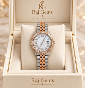 Montre de luxe pour femme Raj Gems, quartz, chiffres romains, effet perle, aiguille date, bracelet en verre 18 mm, acier inoxydable 43 mm, style Hip Hop - Product Image 1