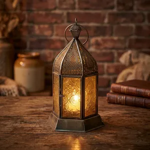 Hexagon <b>Metal</b> <b>Lantern</b> with Embossed Moroccan Design Durable Home Decoration Candle Holder - Product Image 1