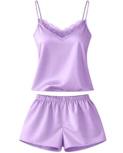 ชุดนอนเซ็กซี่ผ้าซาตินสีม่วง แต่งลูกไม้ เสื้อสายเดี่ยว กางเกงขาสั้น ชุดนอนผู้หญิง ชุดนอนผ้าไหมนุ่ม ชุดนอนฤดูร้อน ชุดลำลองสองชิ้น - Product Image 1