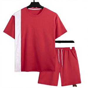 Conjunto de Camiseta de Manga Corta y Pantalones Cortos para Hombre, Color Rojo y Blanco, Estilo Casual de Verano, Tejido Transpirable de Poliéster - Product Image 1