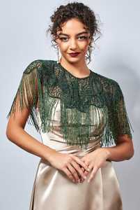 Women's Green Polyester Beaded Fringe Shoulder <b>Cape</b> with Floral Embroidery Decorative <b>Wedding</b> Party Wear COTTON COUTURE - Product Image 6