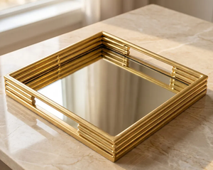ถาดเสิร์ฟโลหะทรงสี่เหลี่ยมผืนผ้าขัดเงา LMB Gold สำหรับใช้ในครัวเรือน ปลอดภัยสำหรับเครื่องล้างจาน เหมาะสำหรับงานจัดเลี้ยง ของหวาน ขนม และงานปาร์ตี้ - Product Image 4