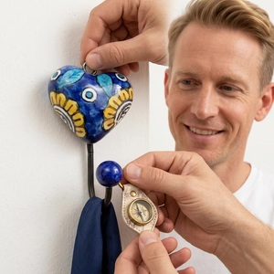 Handmade Blue Ceramic Heart Shape Coat Hooks & Keychain Unique <b>Rail</b> Design - Product Image 1