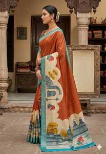 Sari indien traditionnel en soie avec motif imprimé numérique, bordure orange et bleue, pour femmes, tenue de mariage - Product Image 2