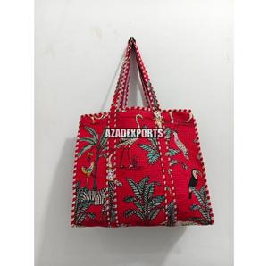 Bolso Tote Acolchado de Algodón Pintado a Mano con Estampado de Tigre Azul, Estilo Bohemio, Abierto, Gran Capacidad 18x18x13, para Compras - Product Image 4