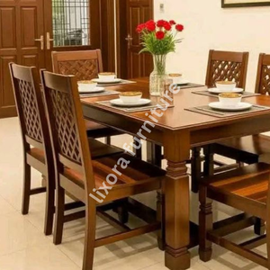 Luxury Handcrafted Solid Wood 6 Seater Dining <b>Table</b> Set Premium <b>Walnut</b> Finish Rectangular <b>Table</b> Set - Product Image 3