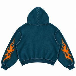 Sweat à capuche pour homme en molleton bouclette de coton épais, coupe courte et oversize, avec poche, sérigraphie personnalisée, effet vieilli et délavé à l'acide - Product Image 2