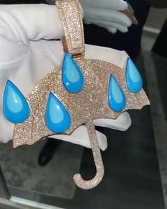 Pendentif parapluie de luxe en argent 925 plaqué or 18 carats avec moissanite bleue en forme de goutte d'eau, bijou thématique pour cadeaux, pendentif HipHop glacé - Product Image 5
