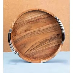 Plateau de service en bois pur avec poignée en fer, forme arrondie, pour la maison, la cuisine, l'hôtel, le restaurant, plateau de service en bois naturel - Product Image 1