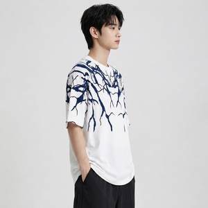 Camiseta de Manga Corta para Hombre, Personalizada, Tejida, de Poliéster/Algodón, Holgada, con Hombros Caídos, Estampado Gráfico, Cuello Redondo, Estilo Urbano, Premium - Product Image 4