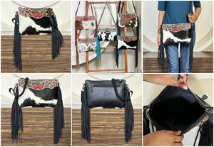 Women Bohemian Fringe Handbag Crossbody Sling <b>Bags</b> for Ladies Handmade Tooled Cowhide Leather Cherry Motif Boutique Purse <b>Bags</b> - Product Image 3