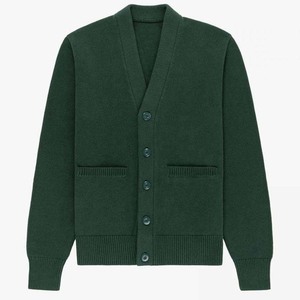 Cardigan en tricot vert foncé pour femme, col en V, manches longues, couleur unie classique, haut d'automne - Product Image 3