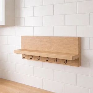 Étagère de rangement murale moderne et écologique à 2 niveaux avec 6 crochets, en bois noir, pour épices, ustensiles et décoration intérieure - Product Image 1
