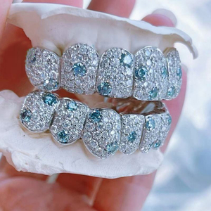 Grillz de Moissanita Personalizados, Bicolor Azul y Blanco, de Plata 925, con Incrustaciones de Piedras, que Pasan la Prueba del Diamante, Joyería Hiphop para Dientes - Product Image 5