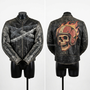 Blouson en cuir de course Flaming Helmet noir délavé à l'acide, motif squelette et flammes, pour homme, style motard, streetwear, fabrication sur mesure - Product Image 1