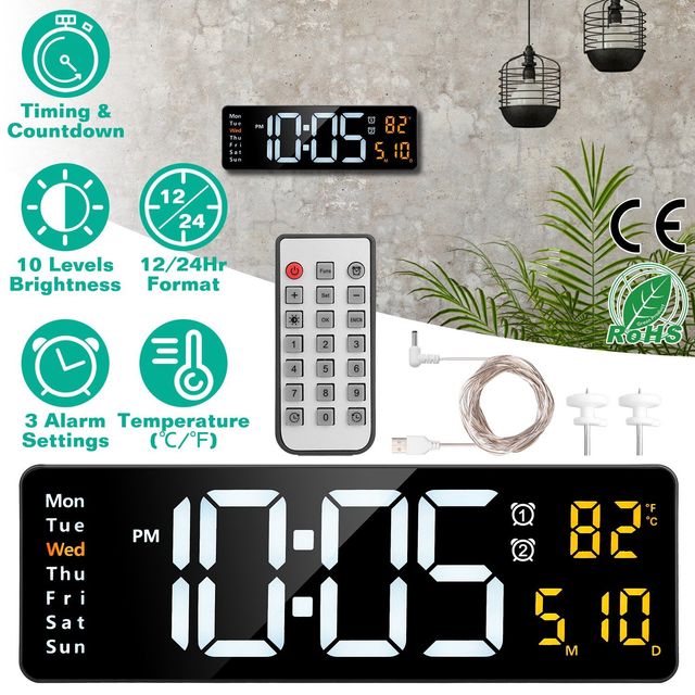 15.7in LED Digital Remote Control Wall Clock 10 Level Brightness 3 Alarm Settings 12/24Hr Format Timing Countdown Temperature
