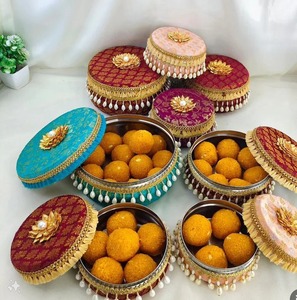 Handmade Brocade Silk Laddu <b>Box</b> Stainless Steel Mithai <b>Box</b> Wedding Return Gift Shagun <b>Box</b> Decorative <b>Sweet</b> Container 250g 500g - Product Image 1
