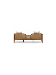 Canapé d'extérieur moderne en bois avec coussins beiges, trois places, design mid-century, mobilier de jardin, durable, résistant aux UV, structure en rotin - Product Image 6