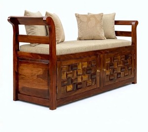 Solid Wood Carved <b>Storage</b> Settee | 3D Basket Weave Entryway Bench with <b>Cushion</b> | Wholesale Living Room Furniture - Product Image 6