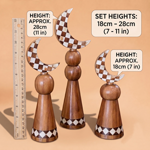 Juego de Esculturas de Luna Creciente de Madera Hechas a Mano con Impresionantes Patrones de Incrustaciones a Cuadros, Perfecto para Decoración del Hogar Árabe - Product Image 3