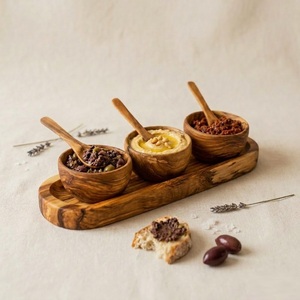 Ensemble de condiments artisanal en bois d'olivier naturel, 3 petits bols à trempette avec cuillères et plateau de service pour épices, trempettes, ustensiles de cuisine - Product Image 5
