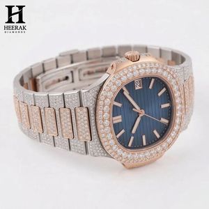 Reloj Moissanite personalizado de dos tonos, oro rosa, plata, esfera azul, completamente cubierto de diamantes, reloj de pulsera de lujo para hombre de acero inoxidable - Product Image 3