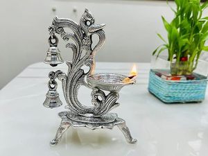 Modern Industrial German <b>Silver</b> Peacock Diya Pair with Hanging Bells Elegant Decorative Oil <b>Lamps</b> for Pooja Home Decor - Product Image 3